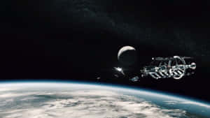 未來風格的太空站環繞地球運行，可見月球和星星。 — 電玩遊戲 GIF 壁紙