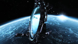 未來風格的太空站繞地球運行，帶有發光藍色環和星空。 — 科幻 壁紙