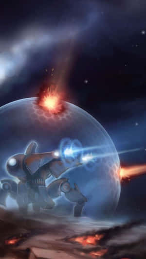 機器人在太空中向一個帶有猛烈噴發的發光行星發射雷射。 — 星海爭霸 壁紙