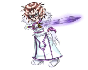 棕色頭髮和紫色劍的Q版動漫戰士，處於戰鬥姿態。 — 死神 壁紙