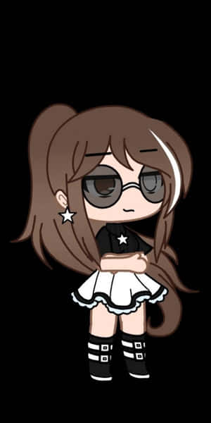 Q版動漫女孩，棕色雙馬尾，星星耳環，穿著黑白服裝。 — 動漫 壁紙