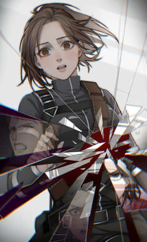 動漫女孩在破碎玻璃後，透過碎片可見碎裂的面孔。 — Pixel Tablet 壁紙