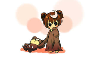 有角的Q版動漫女孩在粉紅色散景背景下抱著泰迪熊。 — 可愛動漫女孩 壁紙