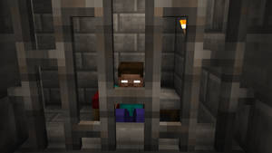 Minecraft角色在石頭監獄牢房裡有火炬 — 我的世界 壁紙