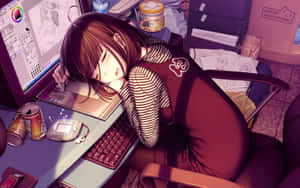 動漫女孩在她的美術桌上睡著了，旁邊有電腦和散落的用品。 — 玩家 壁紙