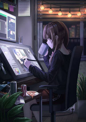 動漫女孩晚上在書桌上用咖啡和披薩進行數位藝術創作。