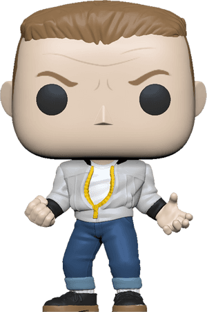 穿著白色外套和藍色褲子、帶黃色鏈條的男人的Funko Pop乙烯基公仔。 — 歡迎回來 壁紙