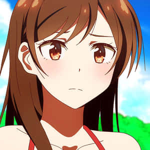藍天下戶外的棕髮暖眼動漫少女。 — 千鳥 壁紙