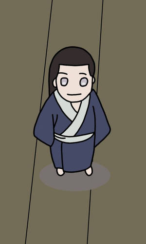 一個簡單的卡通人物穿著藍色和服，站在兩條線之間。 — 寧次 壁紙