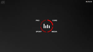 一個深灰色紋理背景，帶有紅色圓形圖案和白色文字，寫著 PRO CORE SPORT MEDIA。 — 遊戲 壁紙