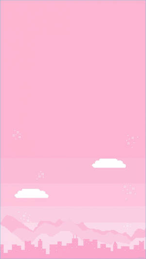 像素化的粉紅色天空，帶有雲朵和山城輪廓。 — 美學粉色GIF 壁紙