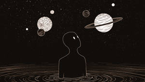 水中人物剪影，仰望夜空中的行星。 — 迷幻黑暗 壁紙