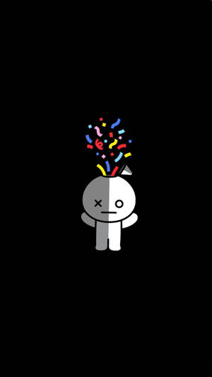 一個分色卡通角色，戴著派對帽釋放五彩紙屑。 — BT21 van 壁紙