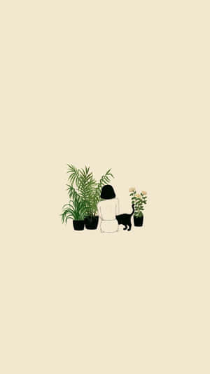 人物和貓咪坐在米色背景的盆栽植物旁。 — 植物美學 壁紙