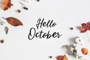 秋葉、棉鈴和松果圍繞白色背景上的「Hello October」文字排列。 — 十月 壁紙