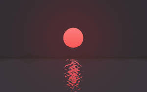 一個極簡的日落，橙色太陽在水面上反射，背景是黑暗的山丘。 — 天空 壁紙