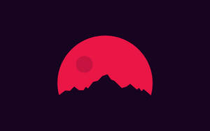 紅色太陽落在山脈剪影之後，背景為紫色。 — 簡約 壁紙