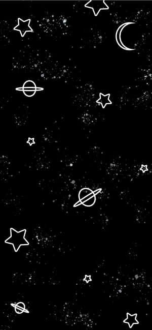黑色背景上以極簡白色輪廓繪製的星空，包含行星和月亮。 — 星星 壁紙