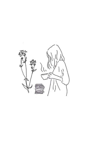 一個人在安靜的時刻，在書本和花朵旁邊喝茶。 — 咖啡美學 壁紙
