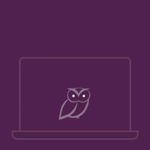 紫色背景上，筆記型電腦輪廓內有一個風格化的貓頭鷹圖示。 — 插畫 iPhone 壁紙