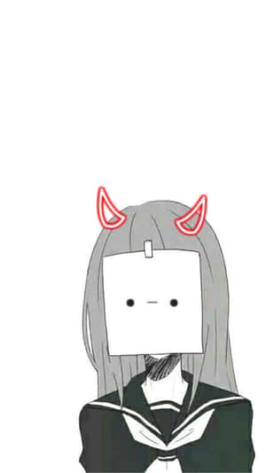 動漫女孩，灰色頭髮和紅色角，戴著方形紙面具和校服。 — 可愛風格 壁紙