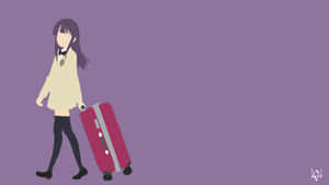 動漫女學生穿著校服在紫色背景上拖著紅色行李箱。 — 1600x900 壁紙
