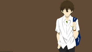 動畫風格男孩，身穿白色襯衫和藍色背包，背景為棕色。 — 折木奉太郎 壁紙