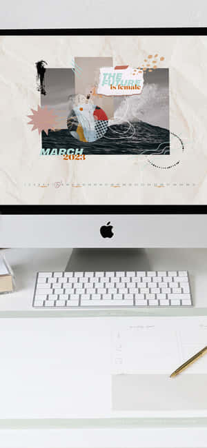極簡風格的桌面桌布，帶有女性主義日曆和 Apple iMac 設置。 — iPhone 18 Pro Max 壁紙