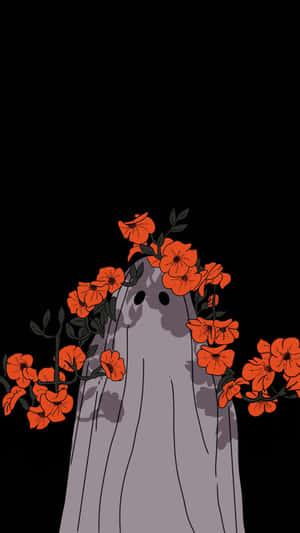 一個以橙色花朵裝飾的鬼魂，背景為黑色。 — 簡約暗黑美學 壁紙