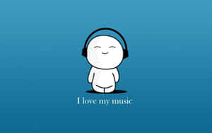 白色卡通人物戴著耳機微笑，藍色背景上有文字「I love my music」 — 美學音樂 壁紙