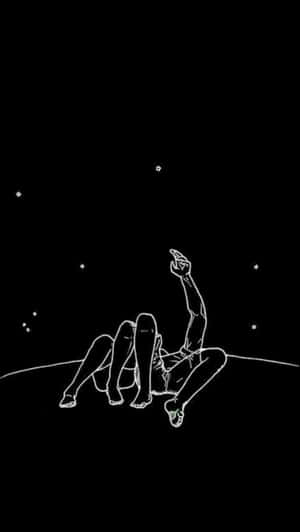 極簡線條藝術中，一個人躺在彎曲的地平線上指著星星。 — 孤獨 壁紙