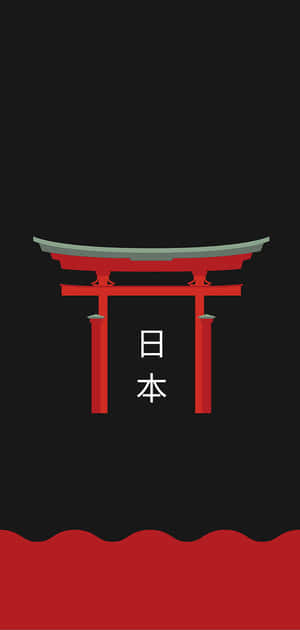 紅色日本鳥居與漢字，黑色背景和紅色波浪。 — 日式 壁紙