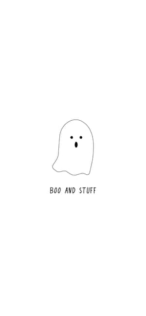 一個簡單的黑色線條鬼魂，下方有文字寫著boo and stuff。 — Galaxy A16 壁紙