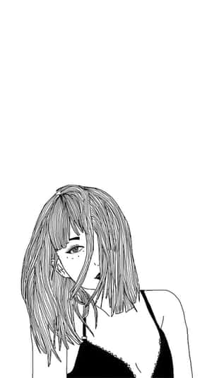 一位留著及肩長髮的年輕女子，以極簡線條藝術風格低頭。 — 鉛筆素描 壁紙