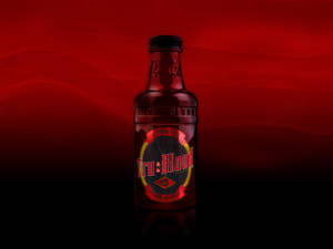 深紅色漸變背景上帶有反射的 Tru Blood 飲料瓶。 — 血源詛咒 壁紙