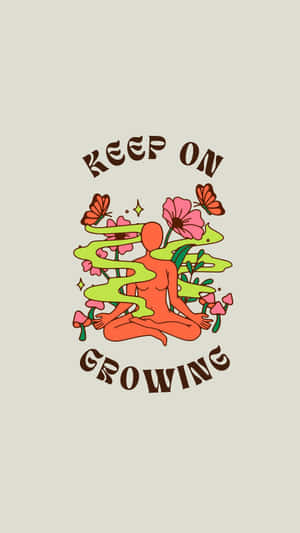 被花朵和蝴蝶包圍的冥想人物，附有文字 keep on growing — 9:16 壁紙