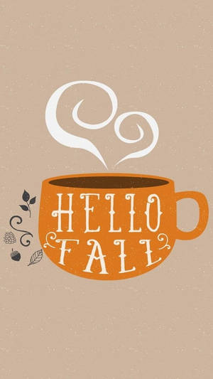 橙色咖啡杯，上面有 'Hello Fall' 文字和秋葉，背景是米色。 — 可愛秋天 壁紙