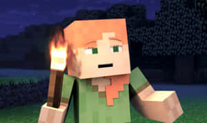 Minecraft角色在夜晚的方塊世界中手持火把 — 我的世界苦力怕 壁紙