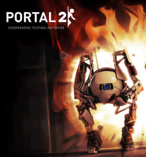 機器人站在Portal 2遊戲藝術中的火焰前。 — 榮耀Magic V 壁紙
