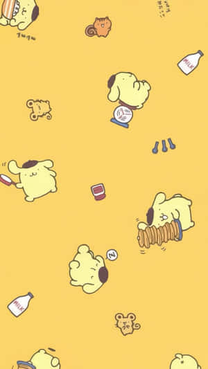 可愛的卡通小狗在黃色背景上玩玩具和奶瓶。 — 黃色美學 GIF 壁紙