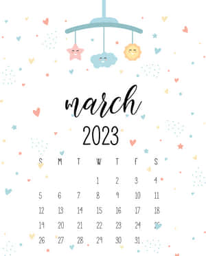 2023年3月月曆，附有嬰兒床鈴和粉彩心形星星 — 4:5 壁紙