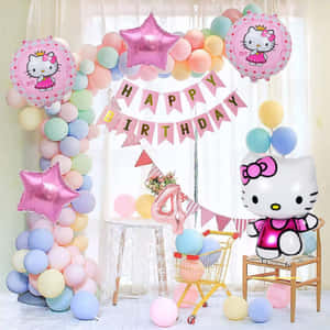 Hello Kitty生日派對，配有氣球、橫幅和角色裝飾。 — Hello Kitty 萬聖節 壁紙