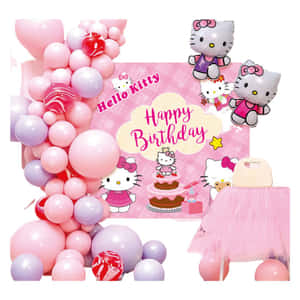 Hello Kitty生日派對裝飾，配有氣球和蛋糕。 — 凱蒂貓 美學 GIF 壁紙