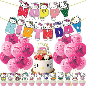 Hello Kitty生日派對裝飾，包括氣球、蛋糕和杯子蛋糕。 — 生日快樂蛋糕 壁紙