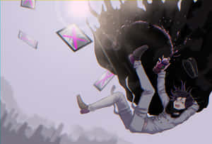 動漫角色笑著，卡片和墨水在空中漂浮。 — 電玩遊戲 GIF 壁紙