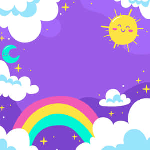 一個紫色的天空，有微笑的太陽、月亮、彩虹和雲朵。 — 三島一八 壁紙