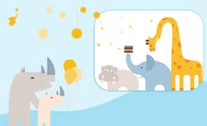 卡通動物用蛋糕和氣球慶祝生日。 — 幼年動物 壁紙