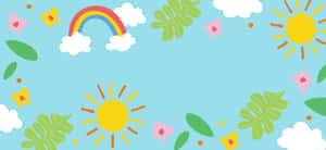 兩個太陽、彩虹、雲朵、樹葉和花朵，背景是淺藍色。 — 曼達洛人 壁紙