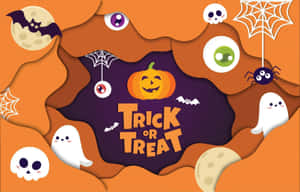 萬聖節剪紙設計，南瓜、鬼魂、蝙蝠和眼球圍繞著'Trick or Treat'文字。 — MacBook Air M3 壁紙