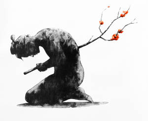 一個跪著的人物，背部長出一枝紅色花朵的樹枝，水彩風格。 — 混沌武士 壁紙